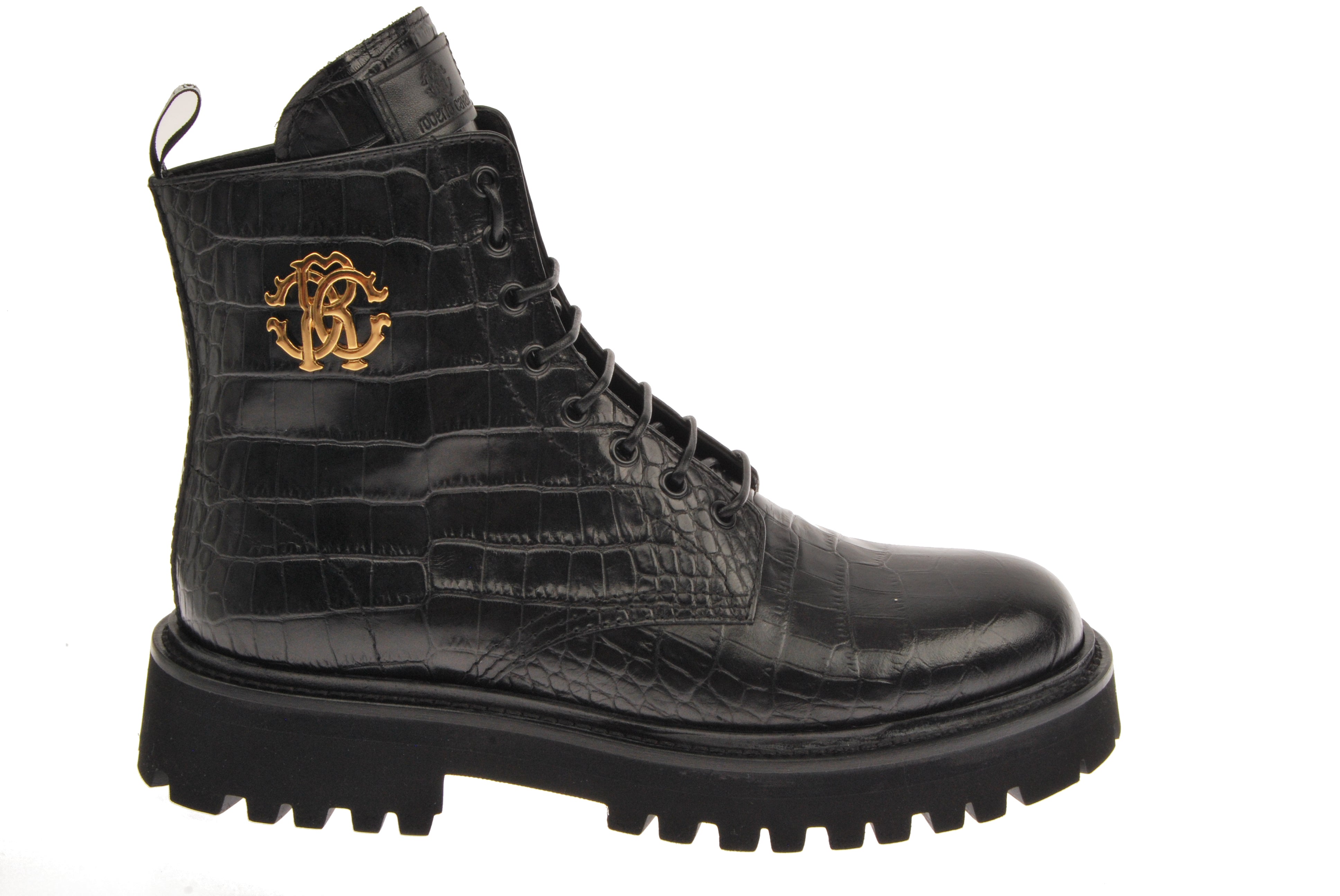  John Galliano Crocodile Embossed Gold Crest Lace Up Boot - Black/Croc Embossed - Bonton
