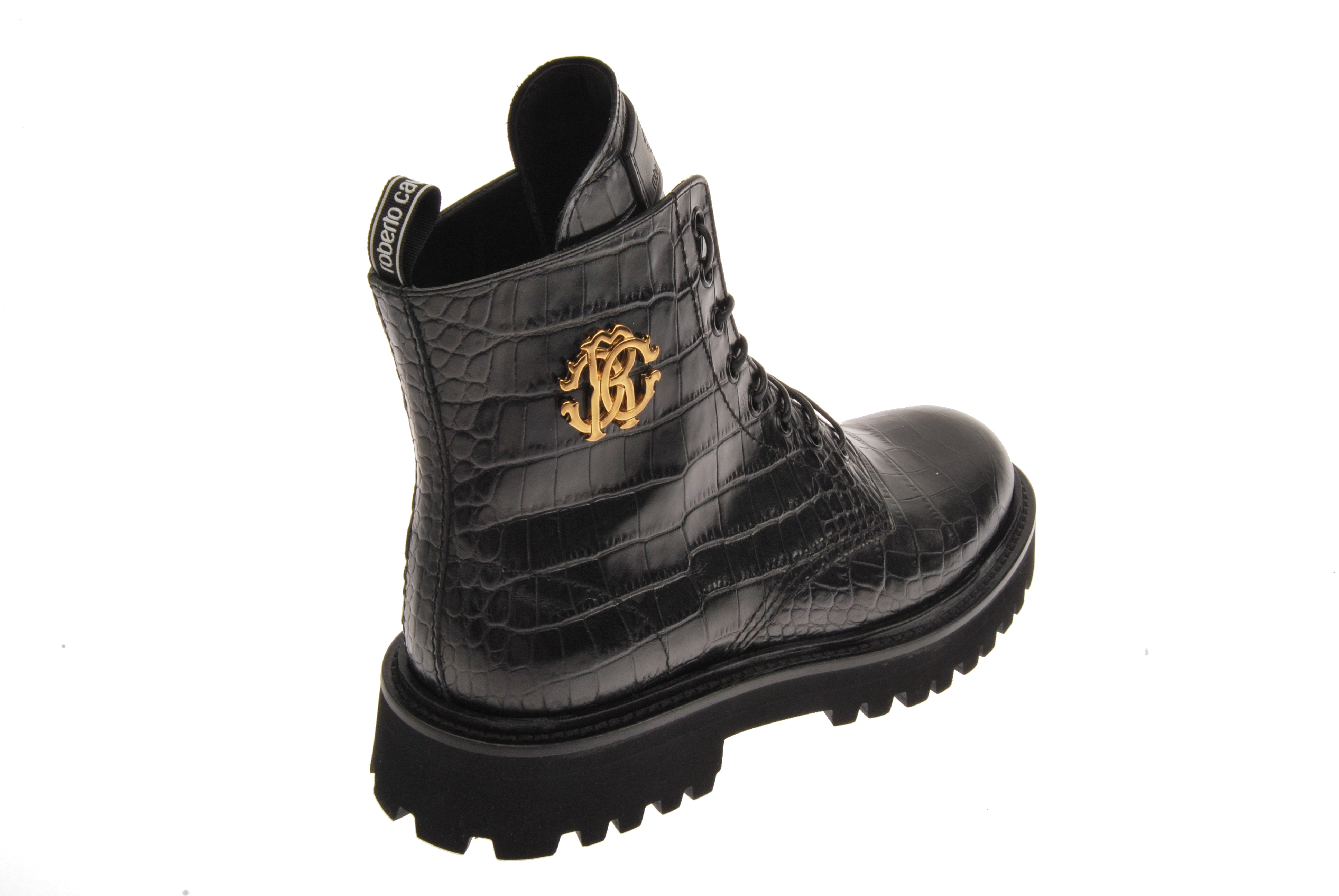 John Galliano Crocodile Embossed Gold Crest Lace Up Boot - Black/Croc Embossed - Bonton