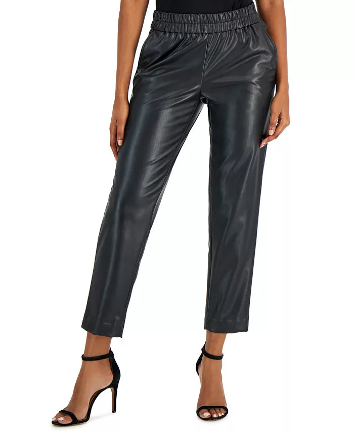  Anne Klein Faux Leather Slim Ankle Pants with Cinched Waist - Anne Black - Bonton