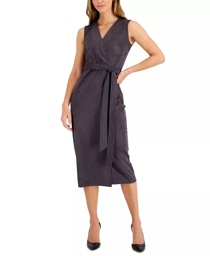  Anne Klein Women's Sleeveless Faux-Suede Wrap Dress - Night Fal - Bonton