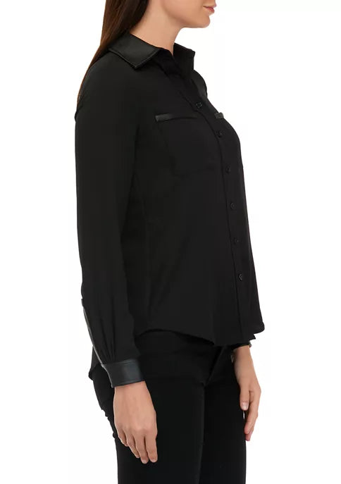  Anne Klein Plus Size Women's Faux-Leather-Trim Button-Down Shirt - Anne Black - Bonton