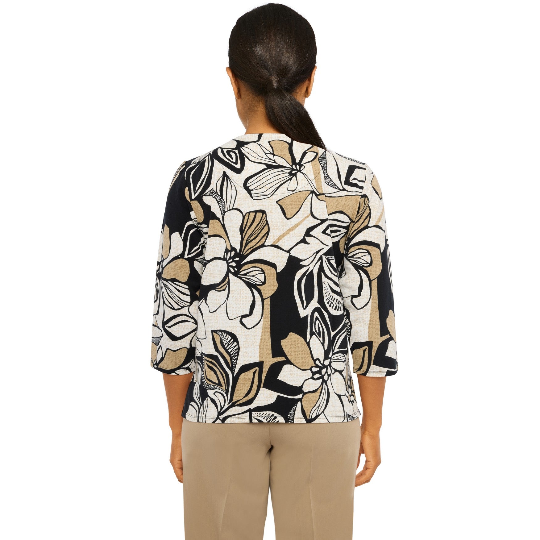  Alfred Dunner Abstract Floral Texture Knit Top - Black/Pecan - Bonton