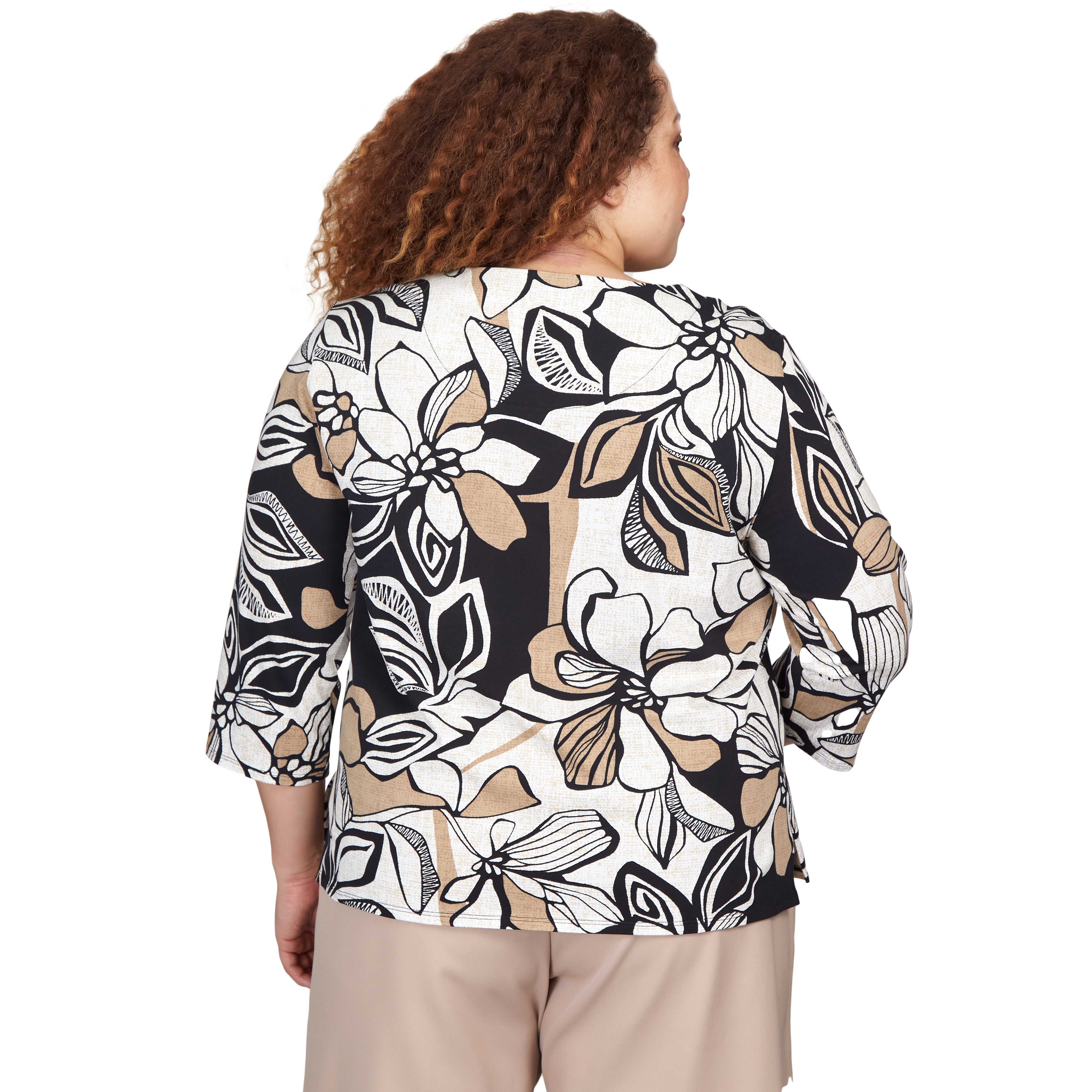  Alfred Dunner Plus Abstract Floral Texture Knit Top - Black/Pecan - Bonton