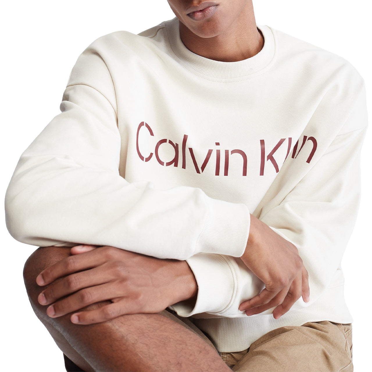  Calvin Klein Long Sleeves Relaxed Stencil Crewneck Sweatshirt - Desert Sand Dun - Bonton