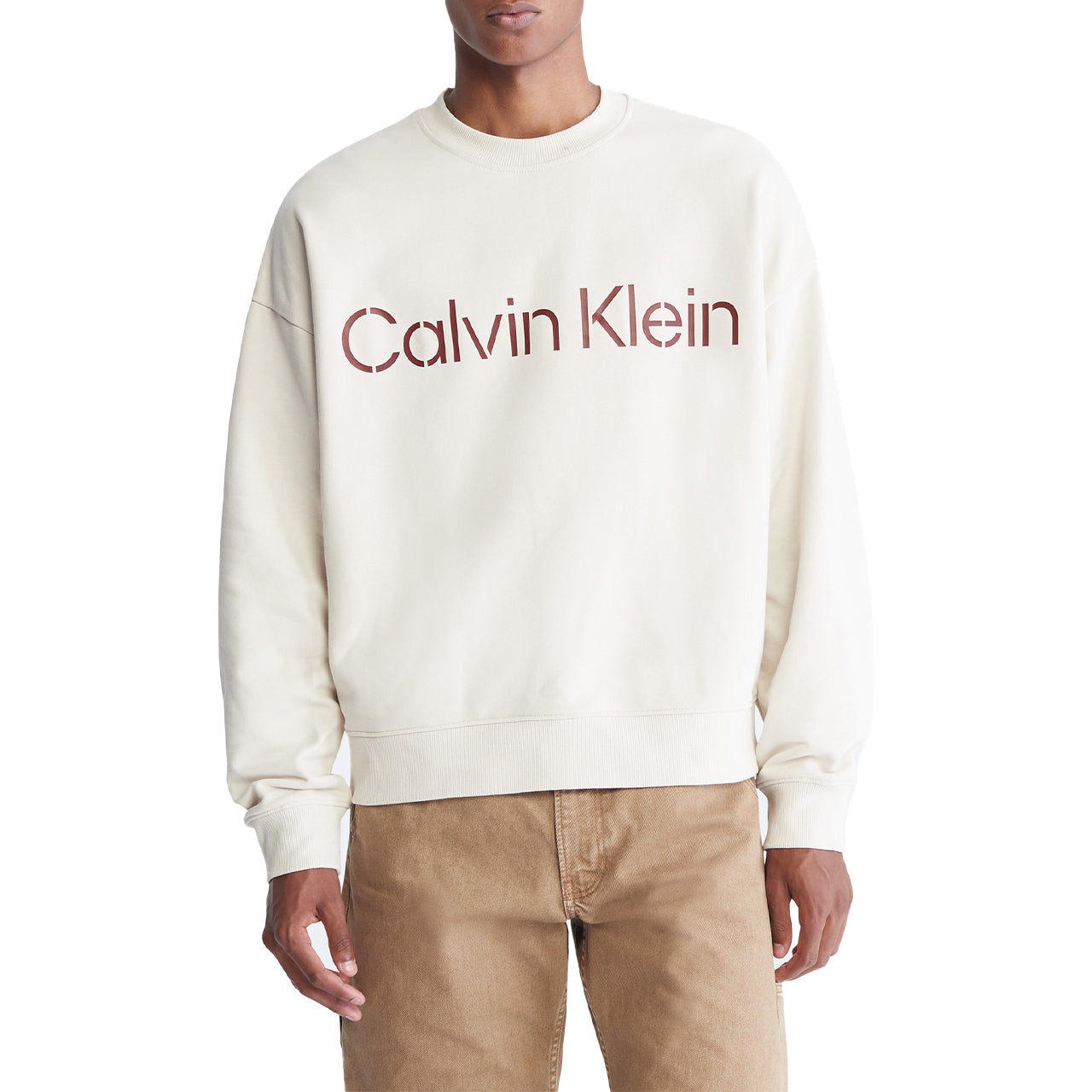  Calvin Klein Long Sleeves Relaxed Stencil Crewneck Sweatshirt - Desert Sand Dun - Bonton