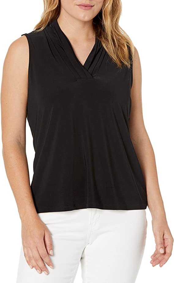  Anne Klein Triple Pleat Split Neck Top - White - Bonton