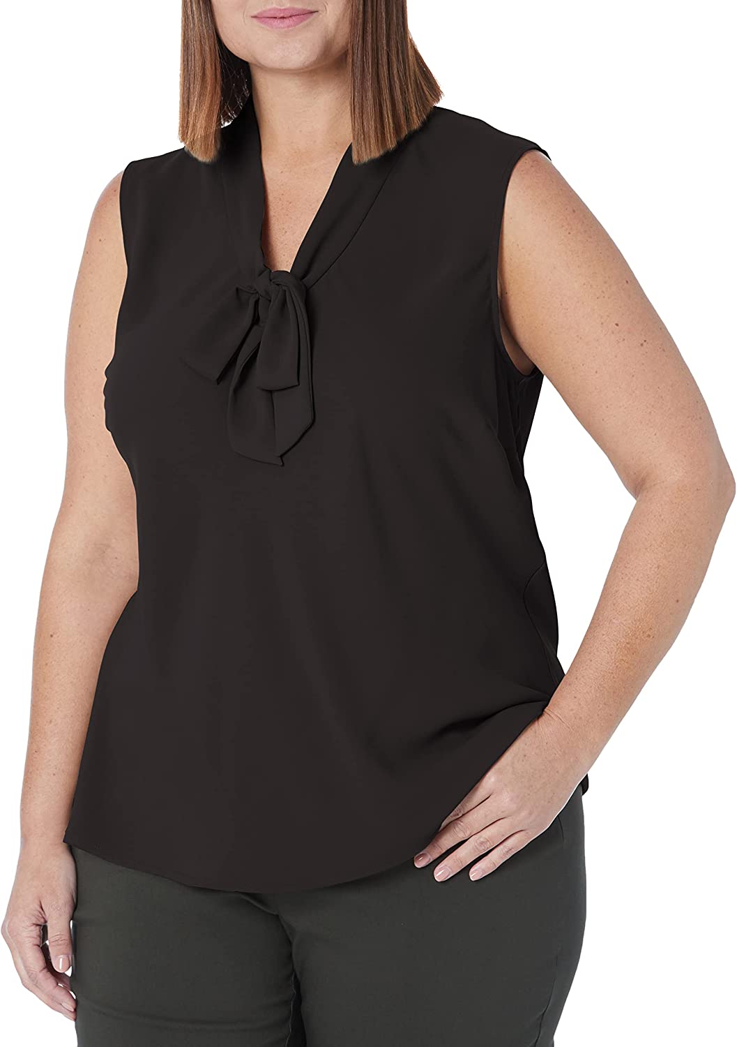  Kasper Sleeveless Tie Front Crepe Blouse - Black - Bonton