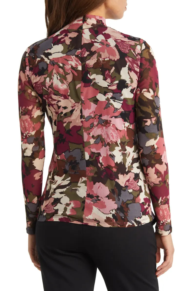  Anne Klein Long Sleeve Printed Mesh Turtleneck - Chianti Combo - Bonton