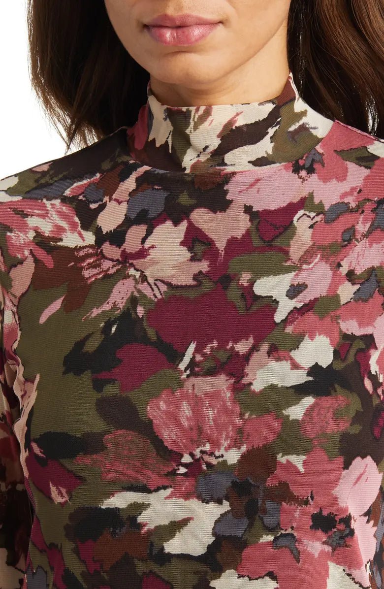  Anne Klein Long Sleeve Printed Mesh Turtleneck - Chianti Combo - Bonton
