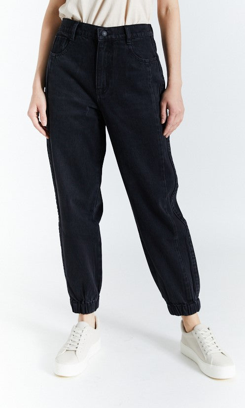  Oat New York Denim Joggers with Front Button Clasp - Vintage Black Wash - Bonton