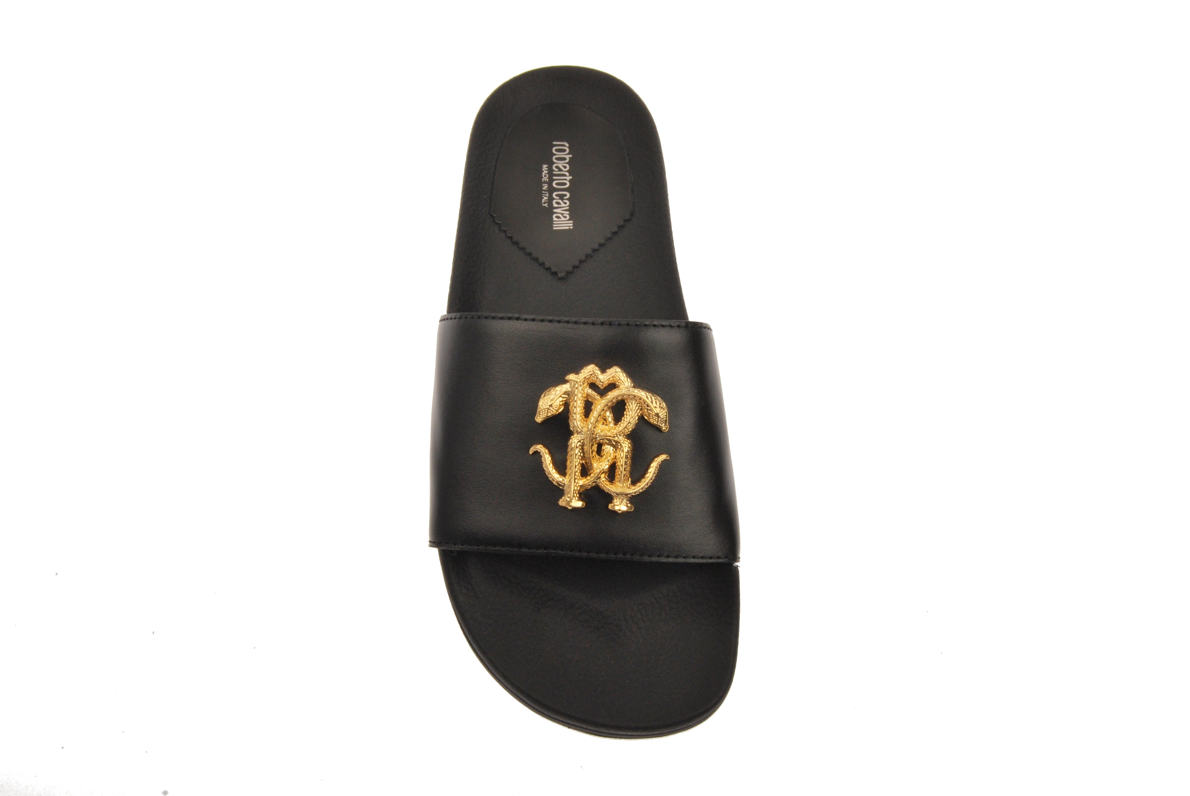  Roberto Cavalli Gold Crest Leather Sport Slide - Black - Bonton