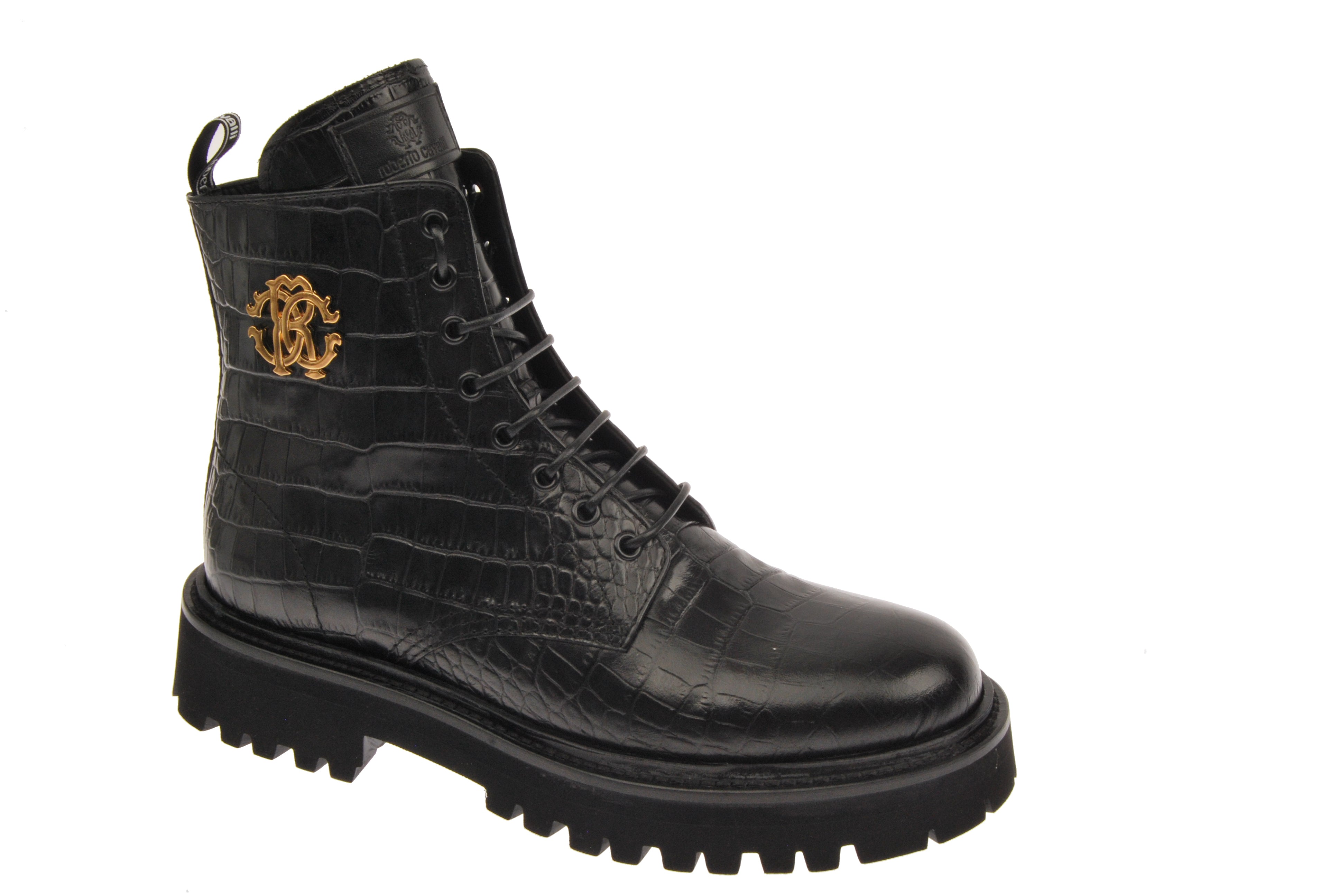  John Galliano Crocodile Embossed Gold Crest Lace Up Boot - Black/Croc Embossed - Bonton