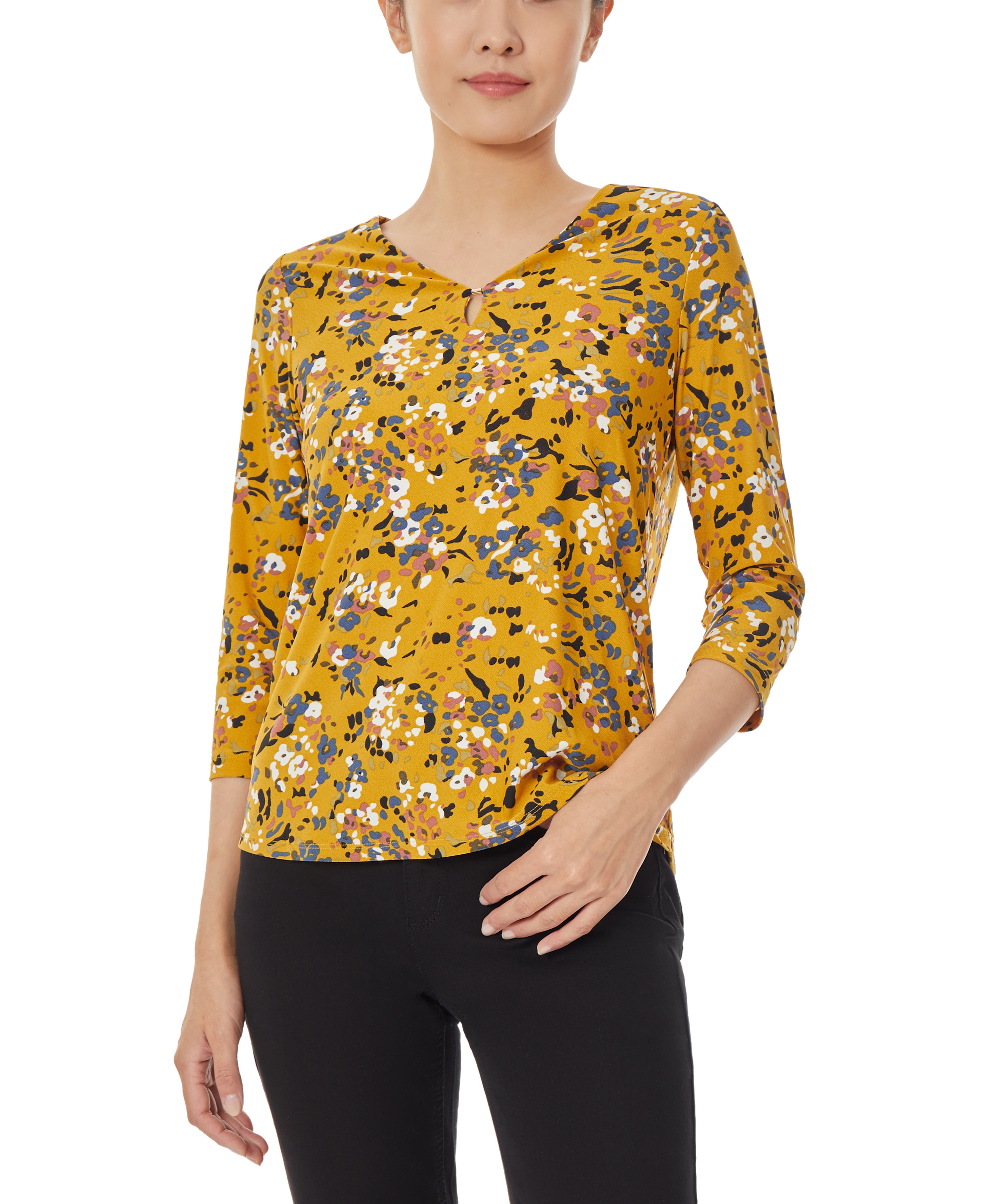 Jones New York 3/4 Sleeve Knit V-Neck Noodle Top - Jonagold Combo - Bonton