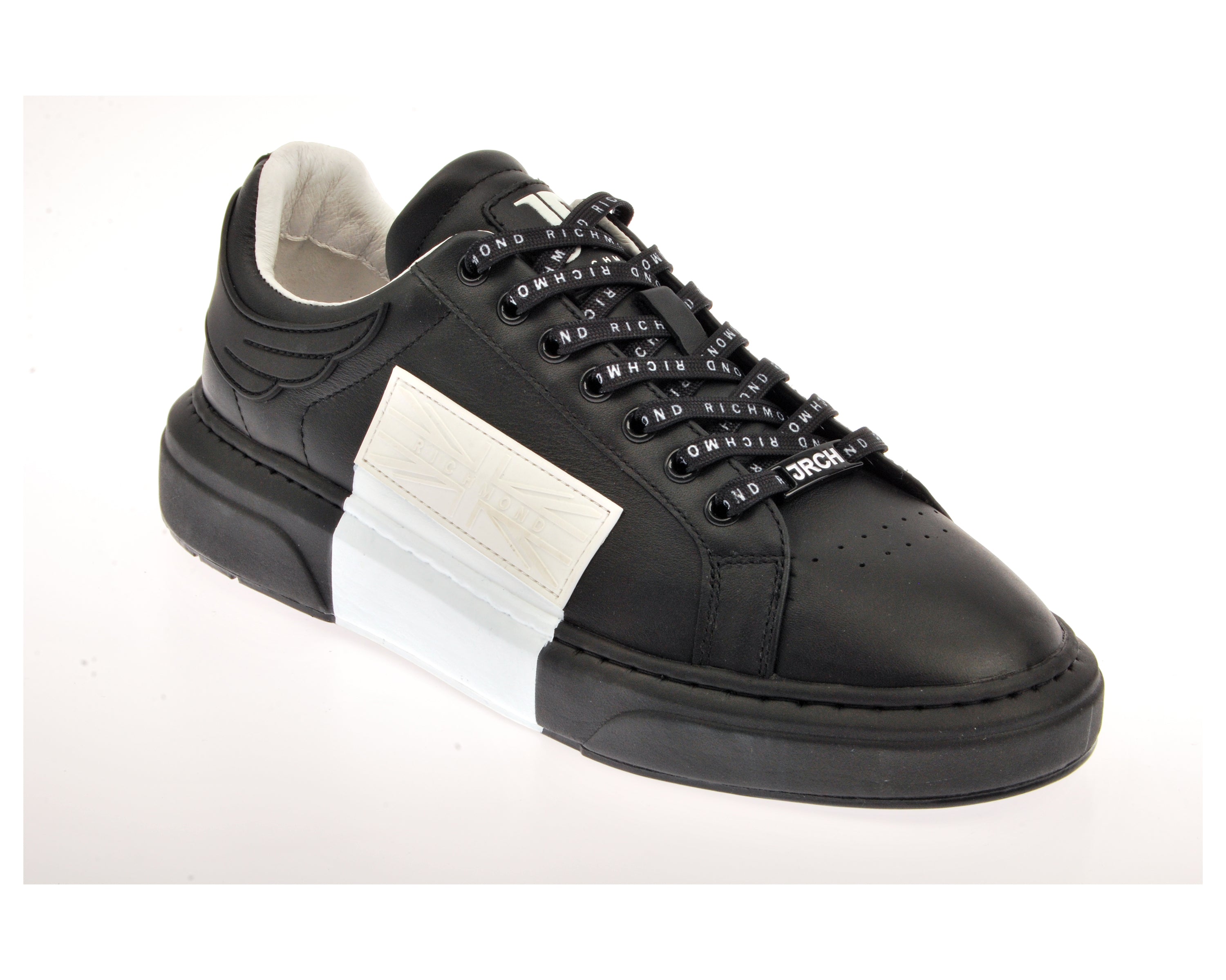  John Richmond Black and White Leather Logo Low Top Sneakers - Nero - Bonton