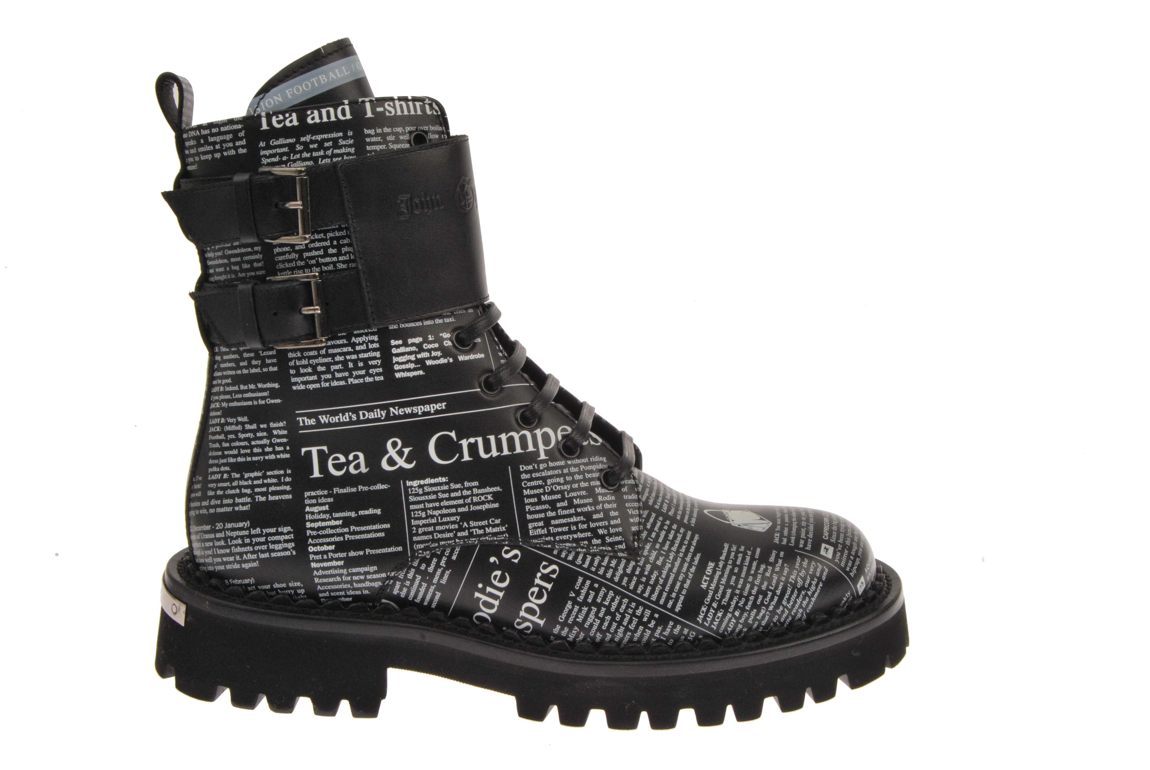 John Galliano Newsprint Boot with Ankle Monk Straps - Black - Bonton