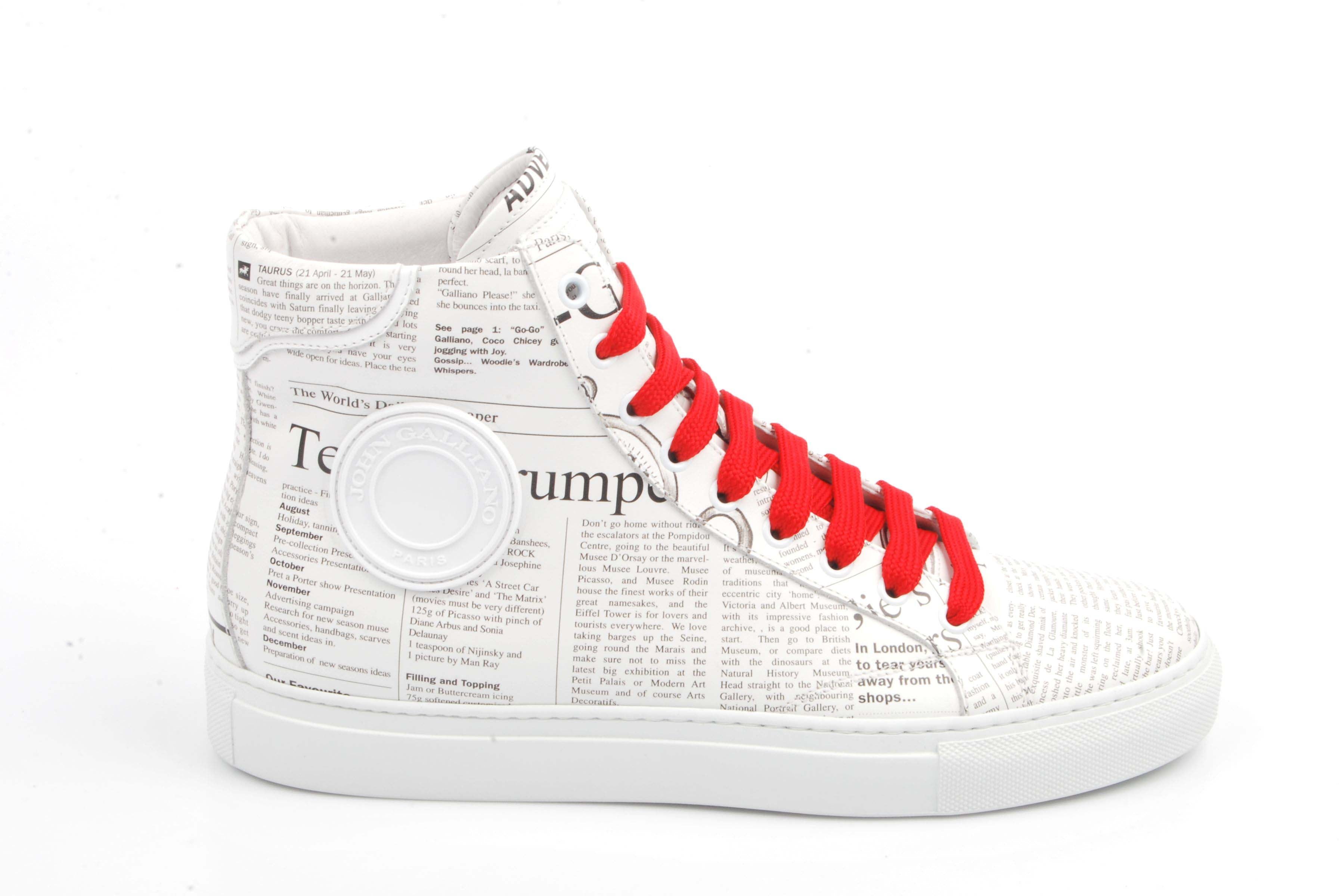  John Galliano Leather Newsprint Hightop Sneakers - White - Bonton