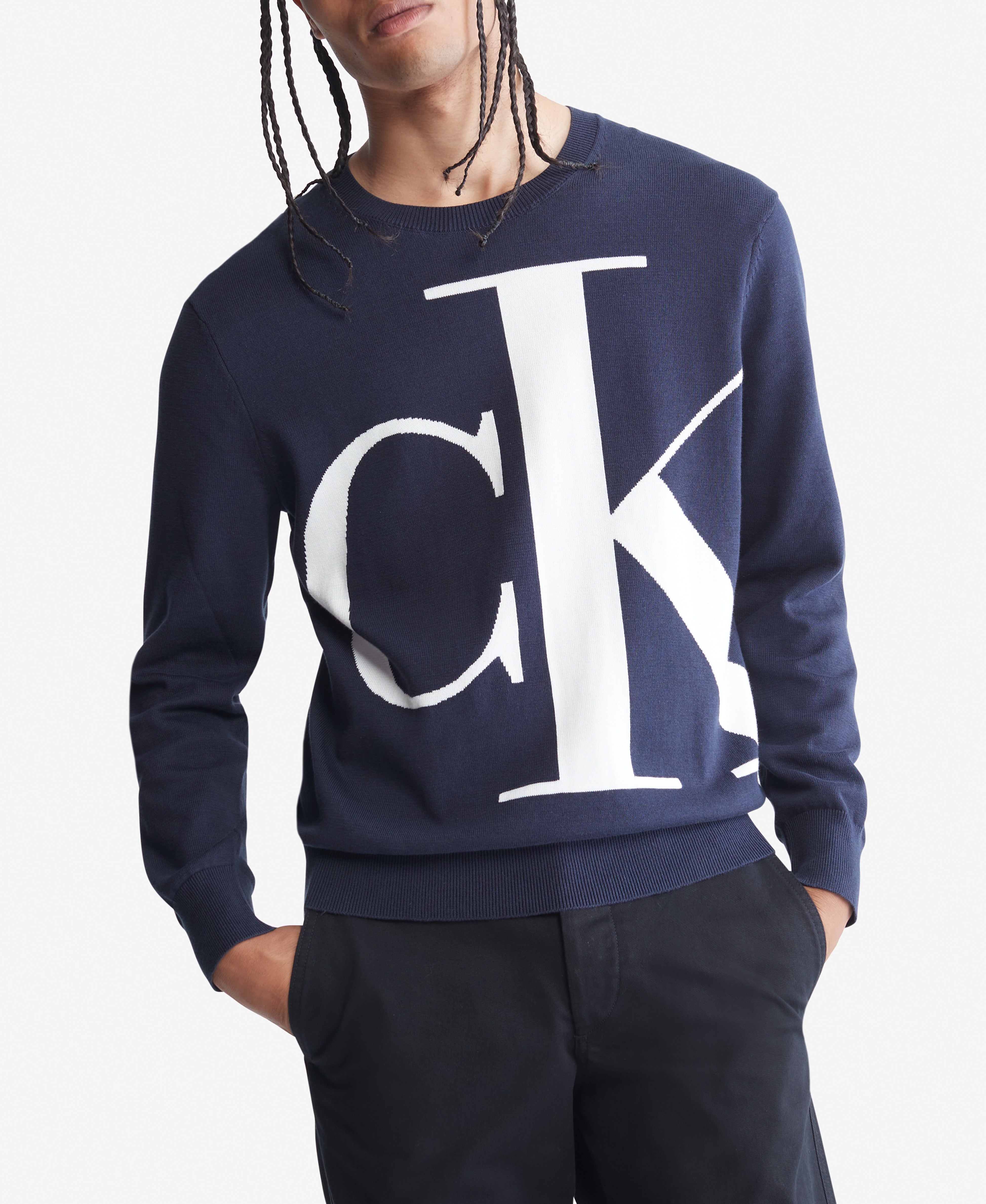  Calvin Klein Long Sleeves Logo Supima Crew - Dark Sapphire - Bonton