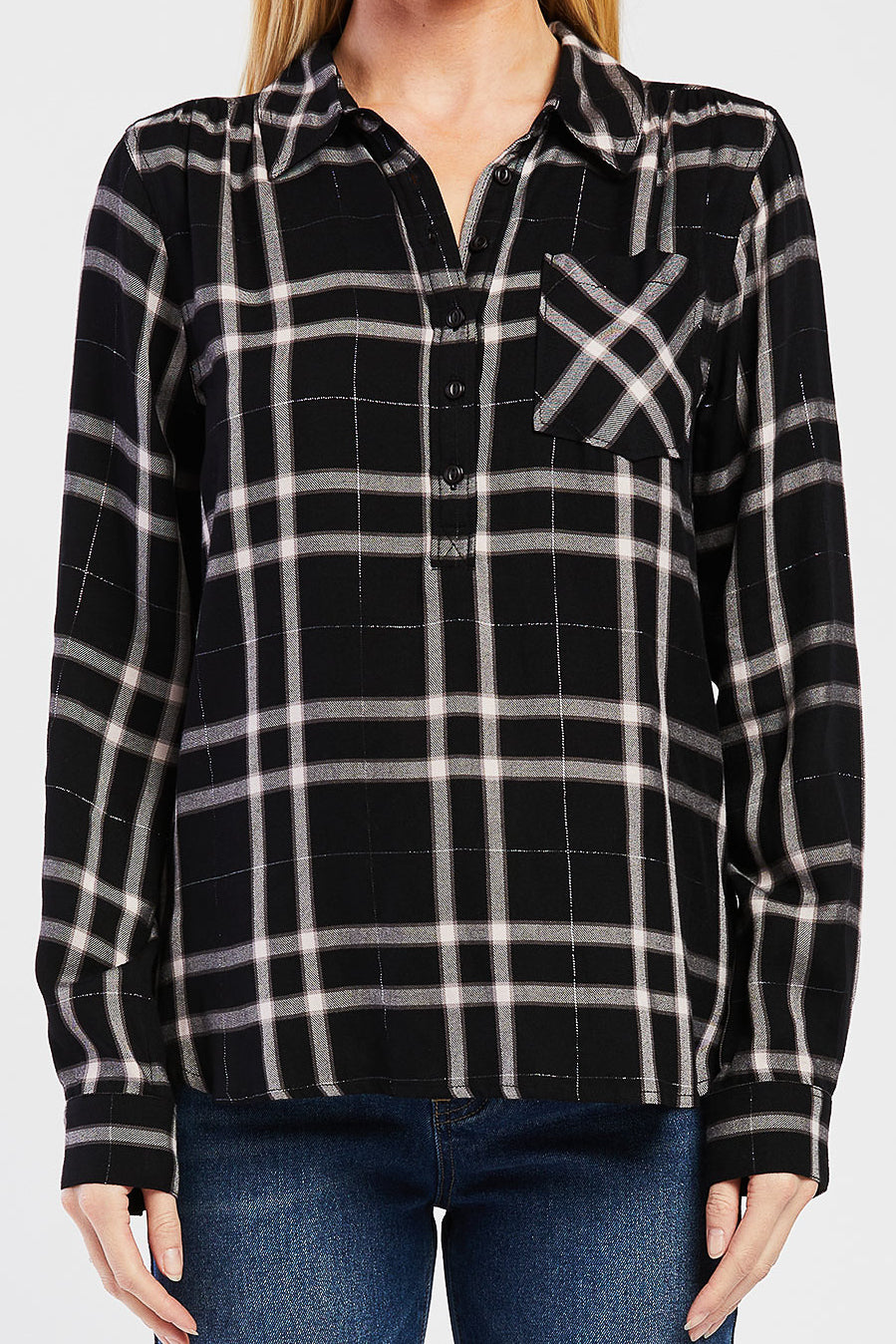   Velvet Heart Brittina Long Sleeve Plaid Shirt - Black Pink Plaid - Bonton
