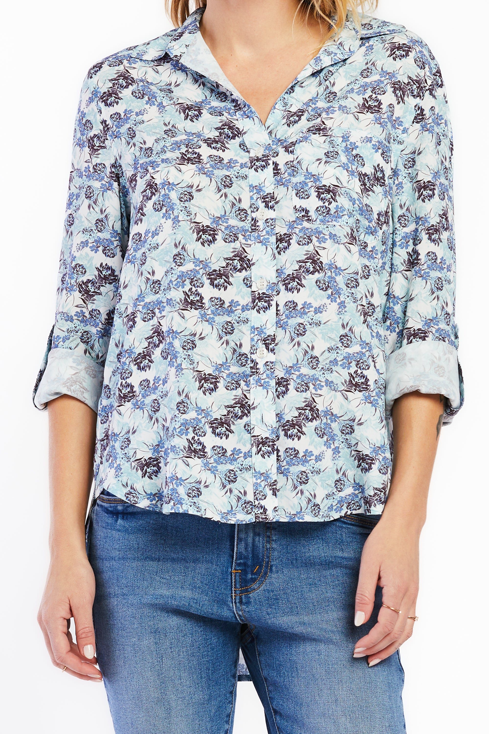   Velvet Heart Elisa Rolled Tab Sleeve Button Down Shirt - Blue Floral Bloom - Bonton