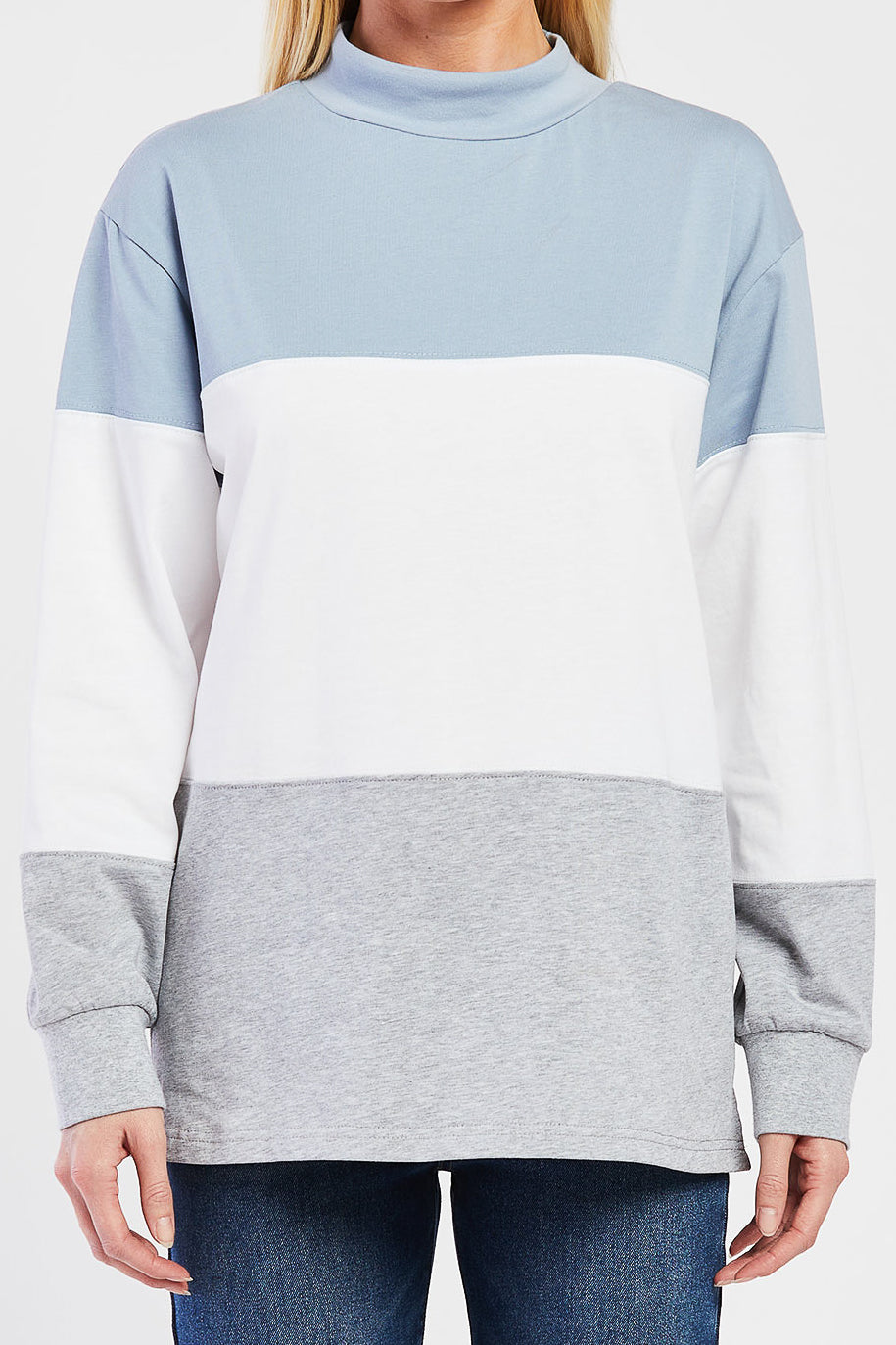   Velvet Heart Eloise Mock Neck Color Block Top - Blue/Wht/Grey Colorblock - Bonton