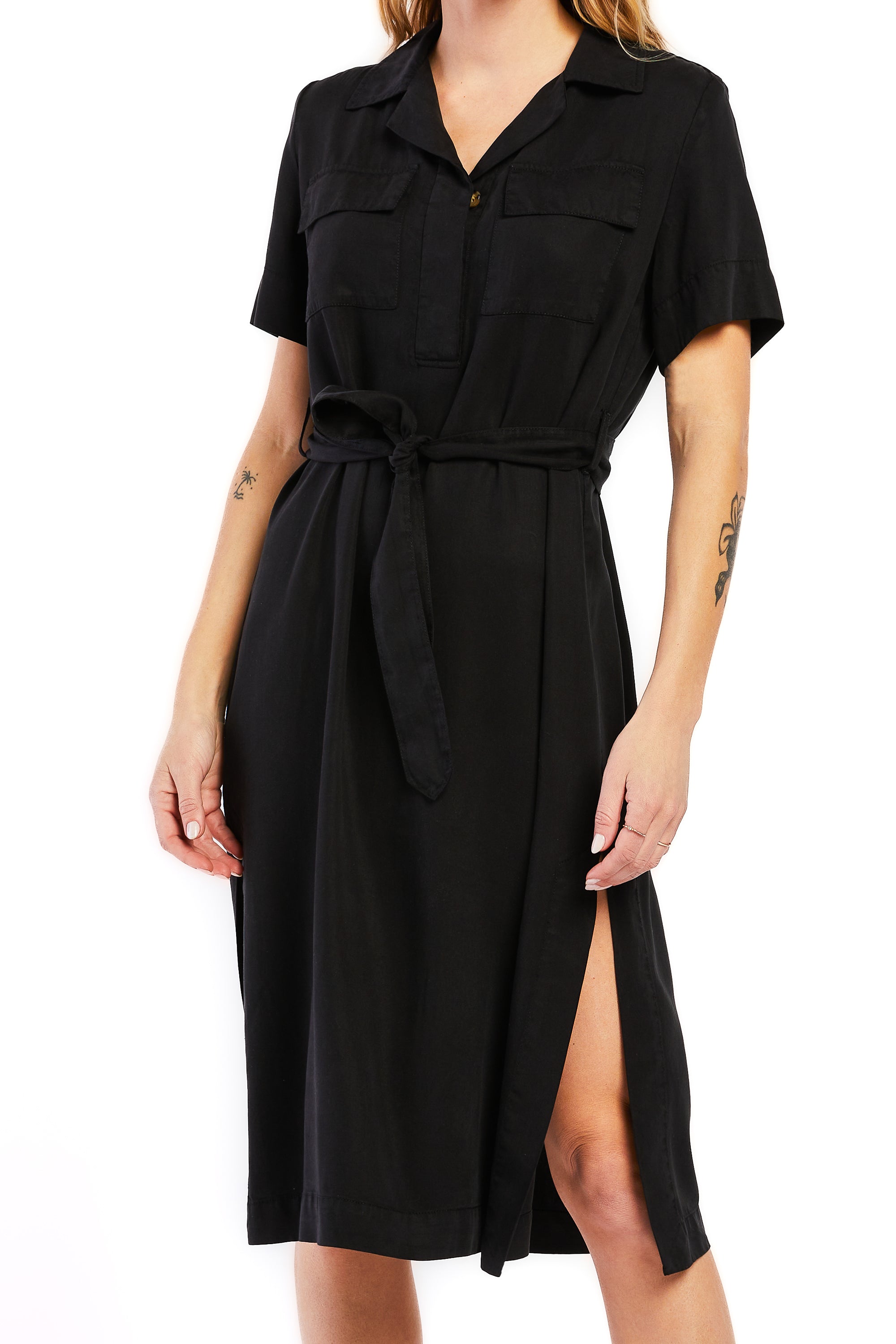   Velvet Heart Short Sleeve Half Button Pop Over Shirt Dress - Black - Bonton