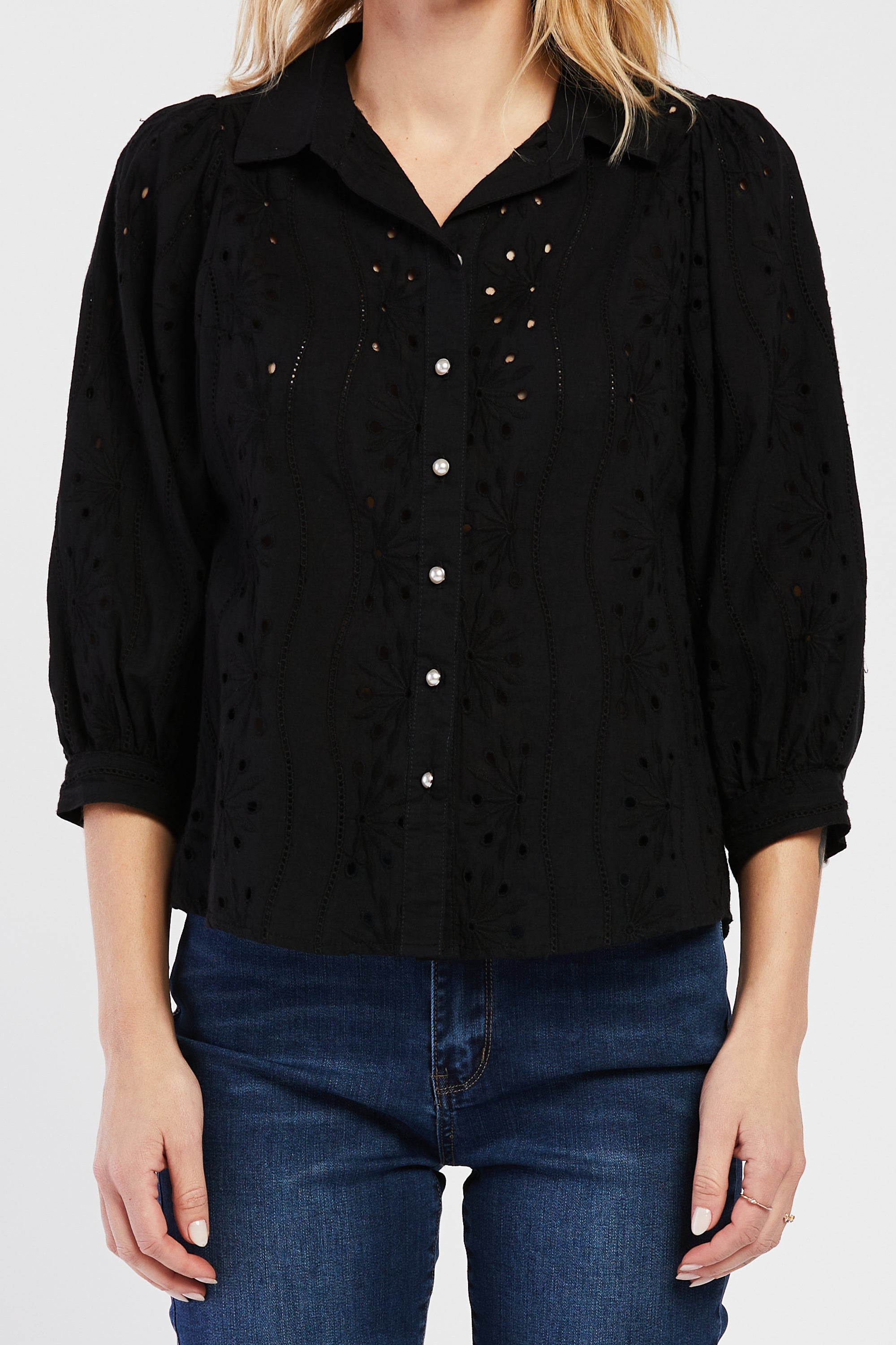   Velvet Heart Teehan 3/4 Puff Sleeve Button Down Eyelet Shirt - Black - Bonton