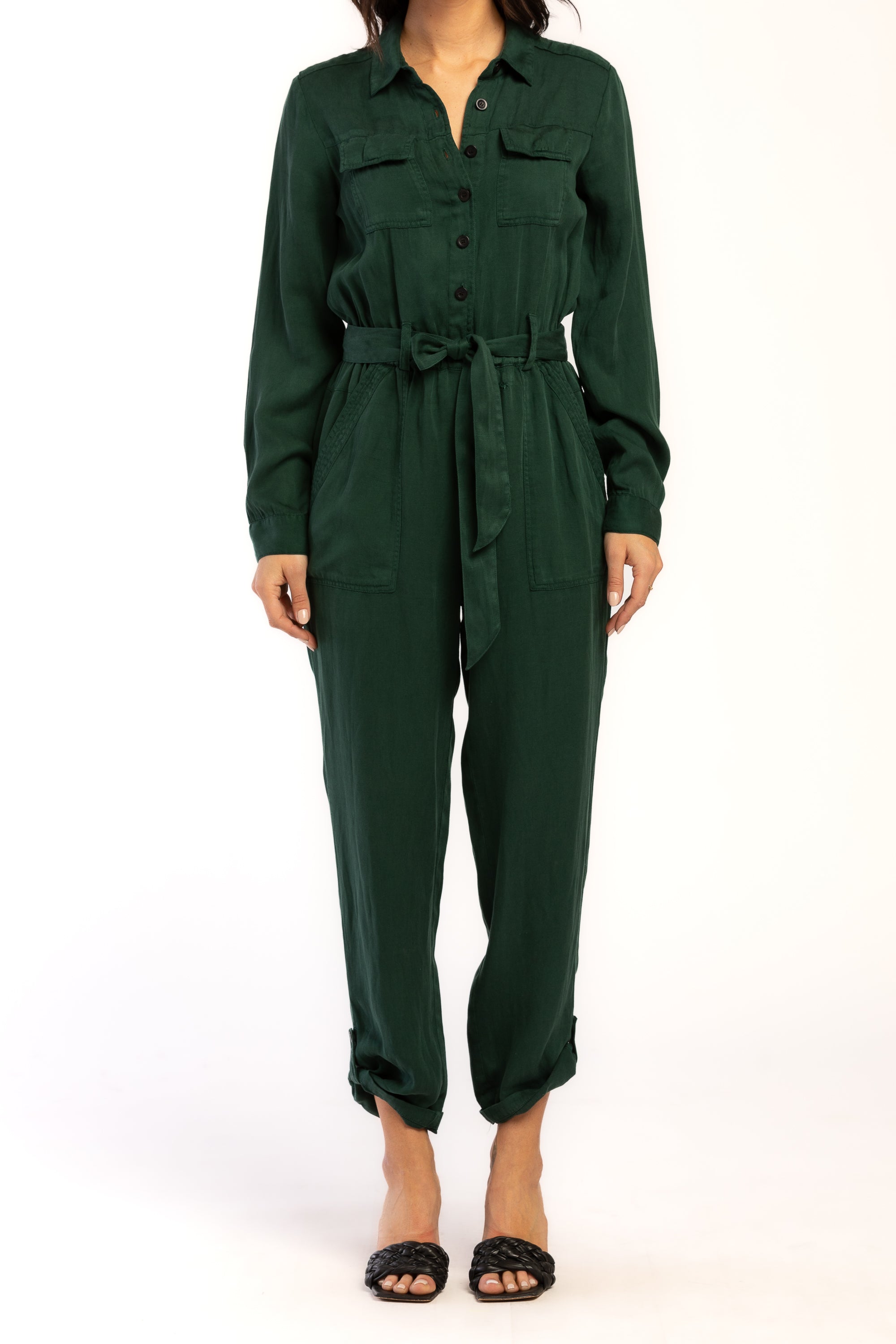   Velvet Heart Frenzia Long Sleeve Utility Style Jumpsuit Button Down Tab Cuff Hem Self Belt - Forest - Bonton