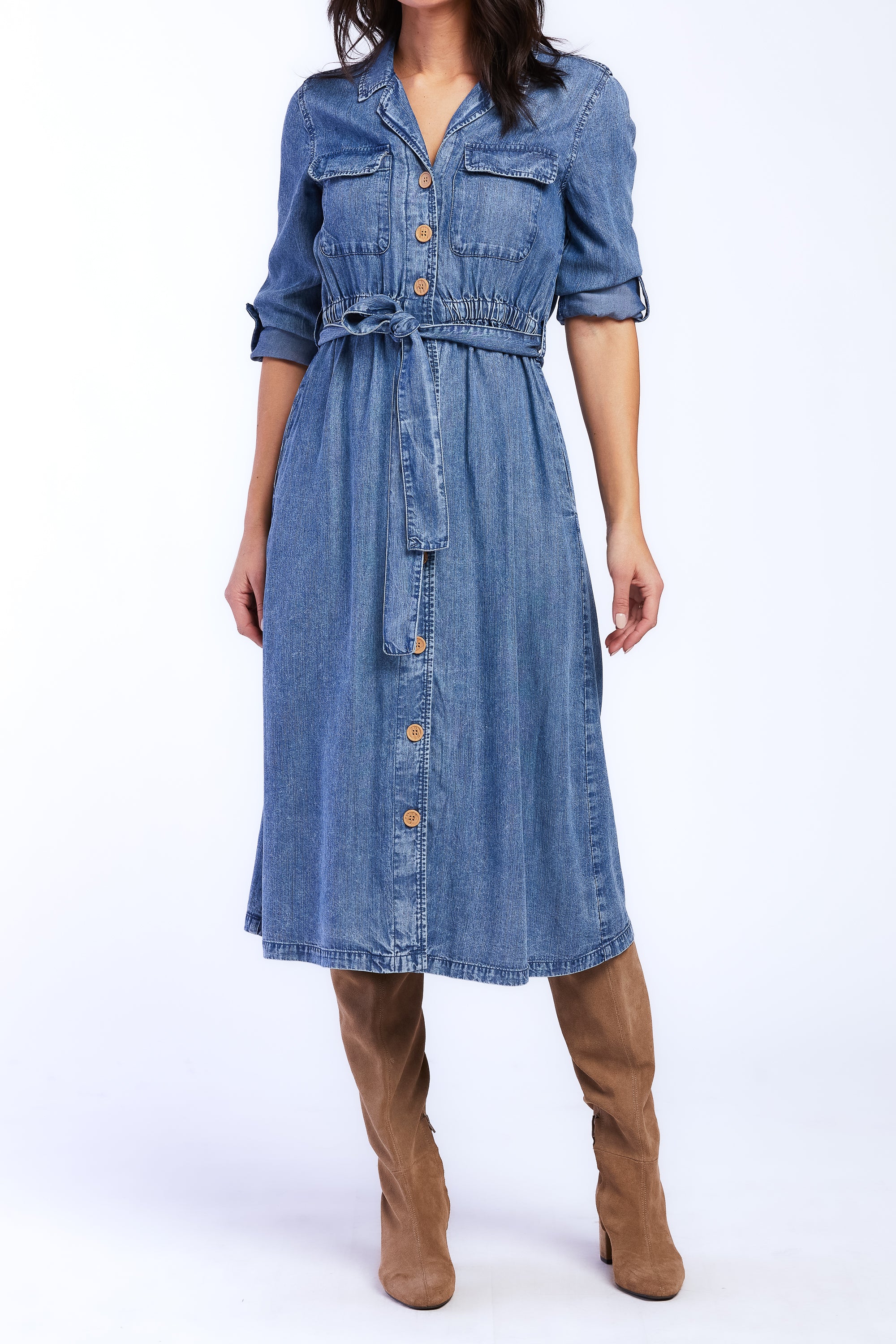   Velvet Heart Justice Rolled Tab Sleeve Button Down Midi Dress Flap Chest Pocket - Malibu - Bonton