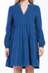   Velvet Heart Sherin Long Sleeve With Slight Shoulder Shirring V Neck Banded Collar Three Tier Baby Doll Dress Side Seam Pockets - Blue - Bonton