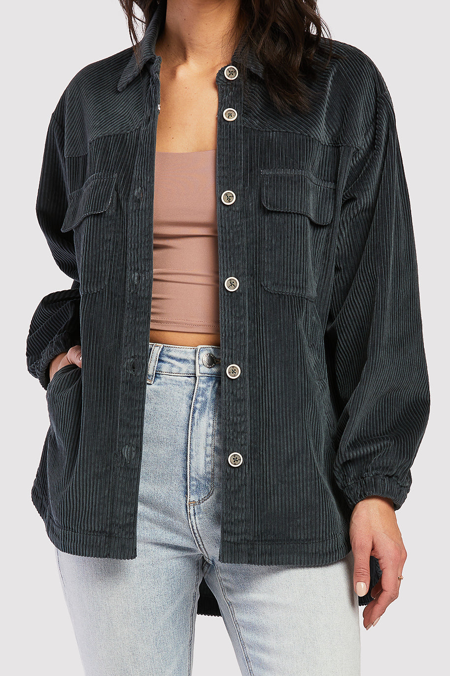   Velvet Heart Lance Long Sleeve Novelty Button Down Front Flap Chest Pockets Corduroy Shacket - Forest - Bonton