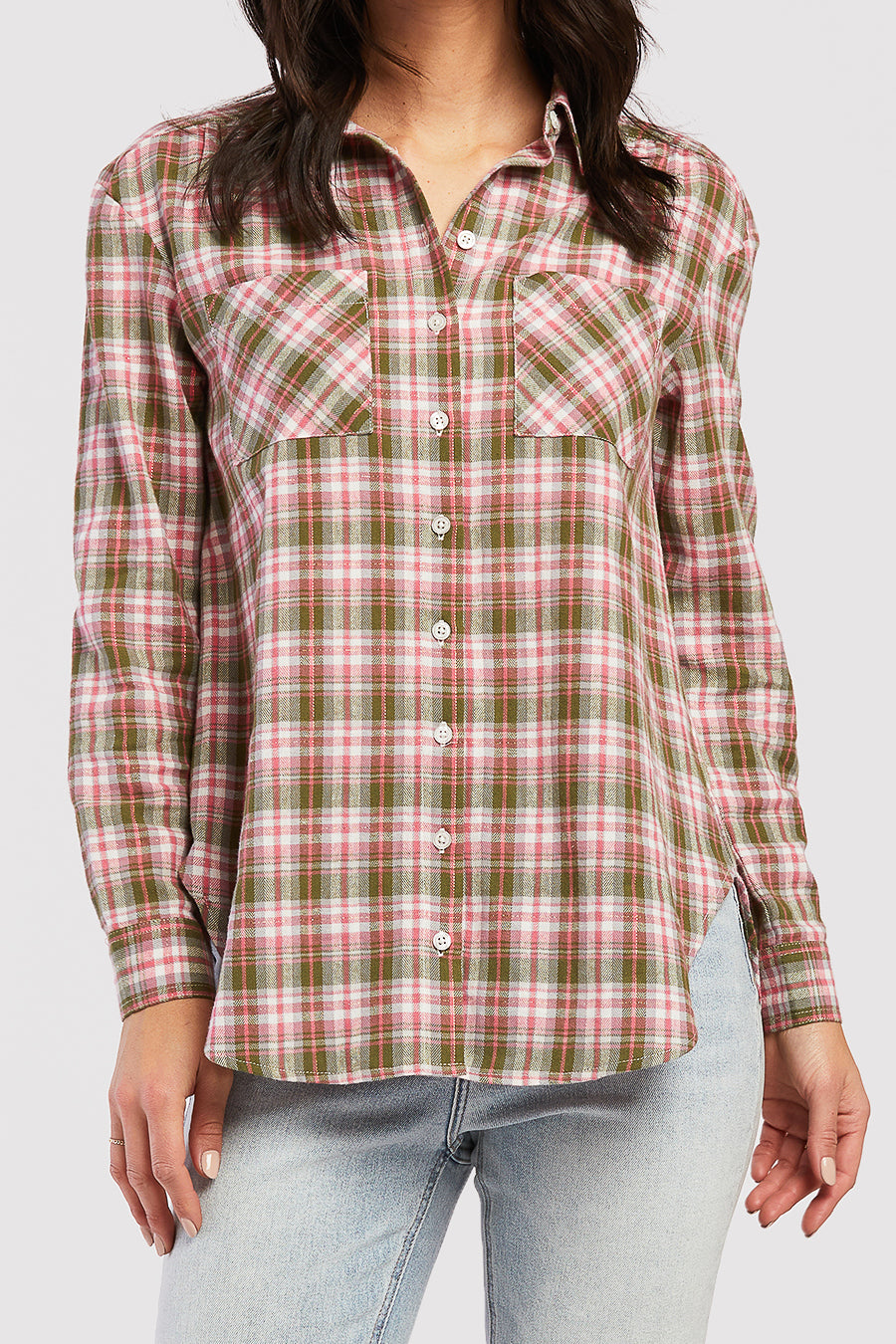   Velvet Heart Long Sleeve Button Down Shirt, Chest Patch Pockets Shirred Shoulder Detail - Pink Olive Plaid - Bonton