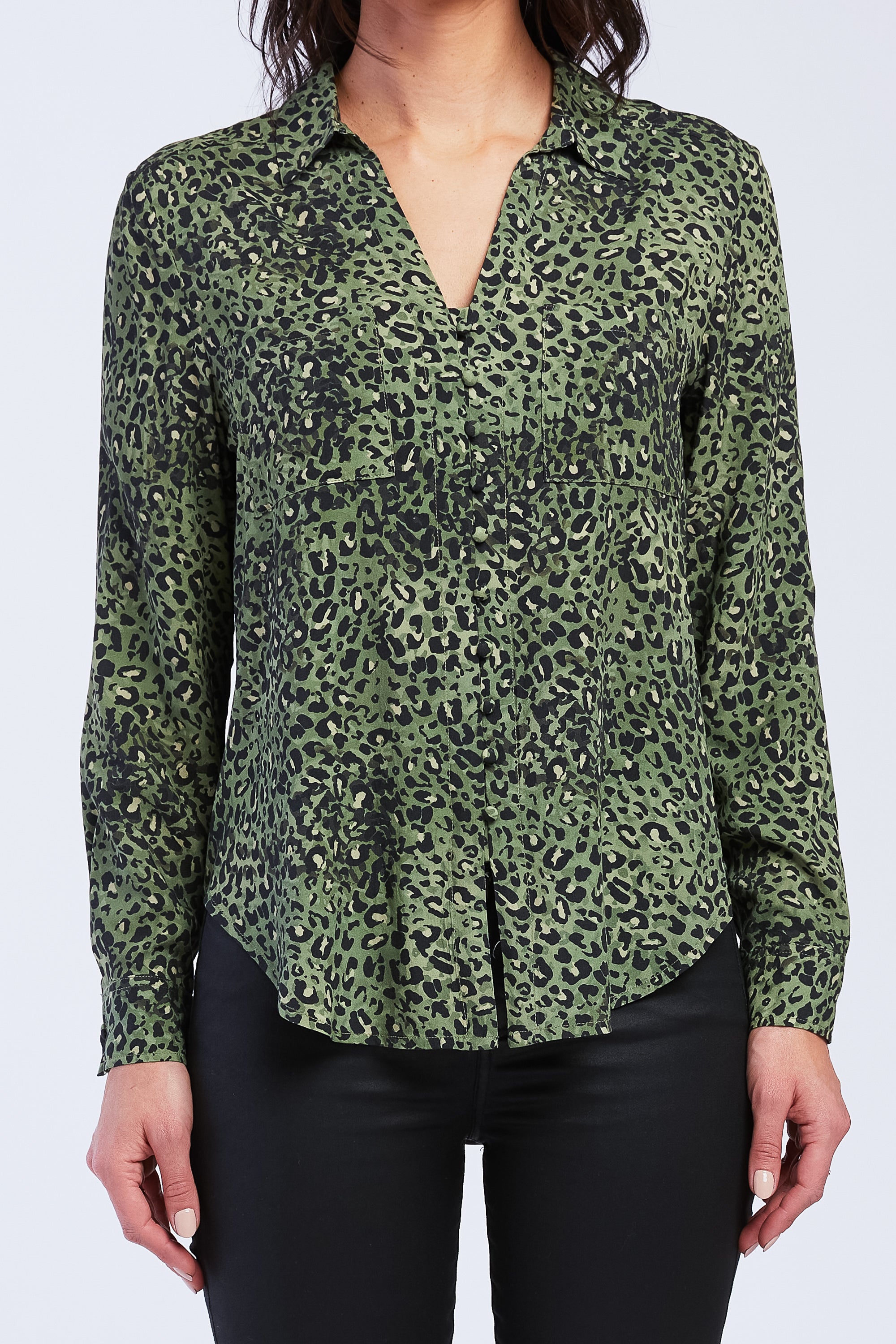  Velvet Heart Eleni Long Sleeve Loop Button Down Closure Chest Patch Pockets Rounded Hem - Olive Leopard - Bonton