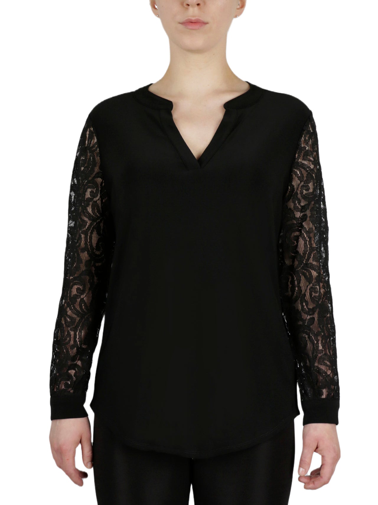 Kasper Split Neck Top W/Combo Lace Sleeve - Black - Bonton
