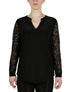  Kasper Split Neck Top W/Combo Lace Sleeve - Black - Bonton