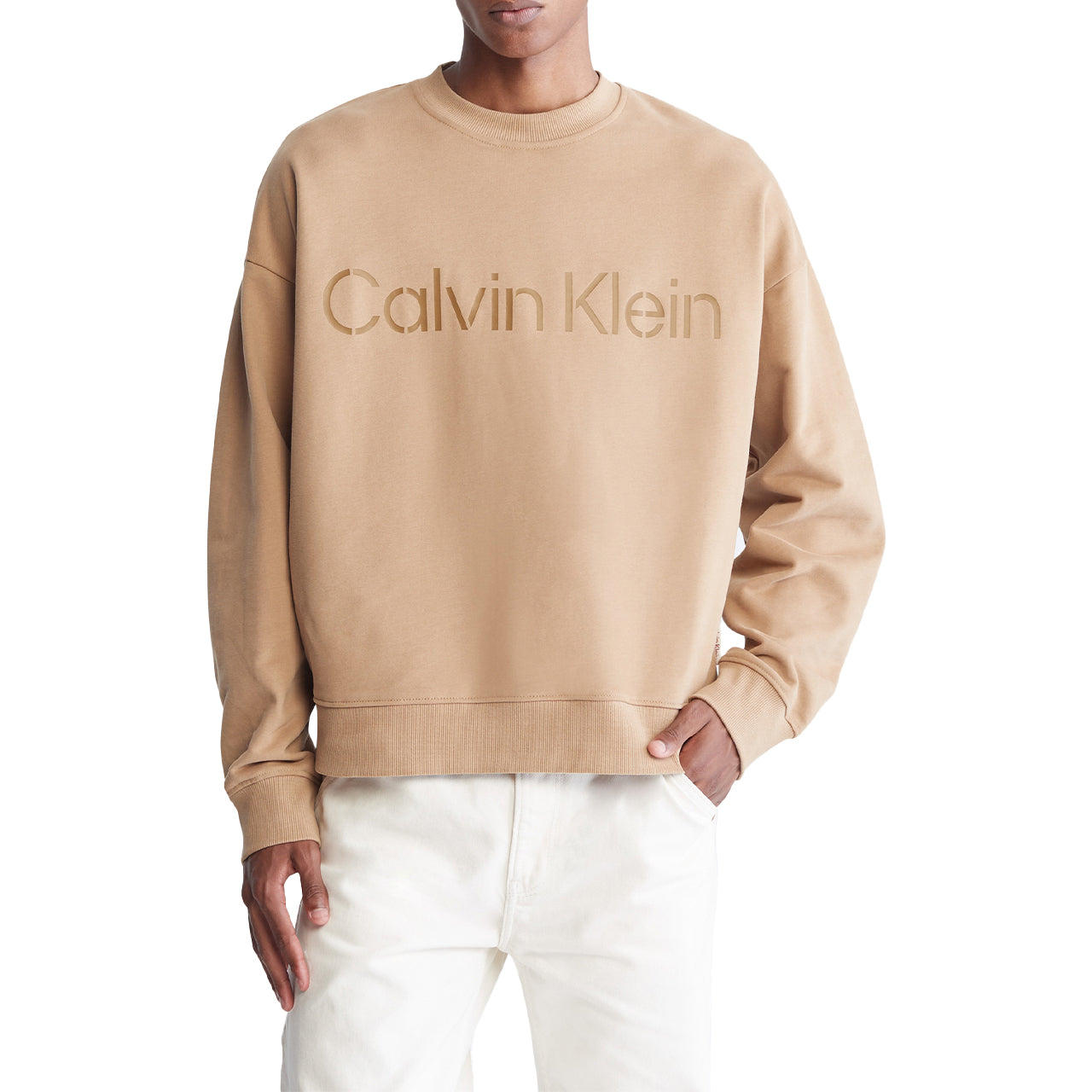  Calvin Klein Long Sleeves Relaxed Stencil Crewneck Sweatshirt - Desert Sand Dun - Bonton