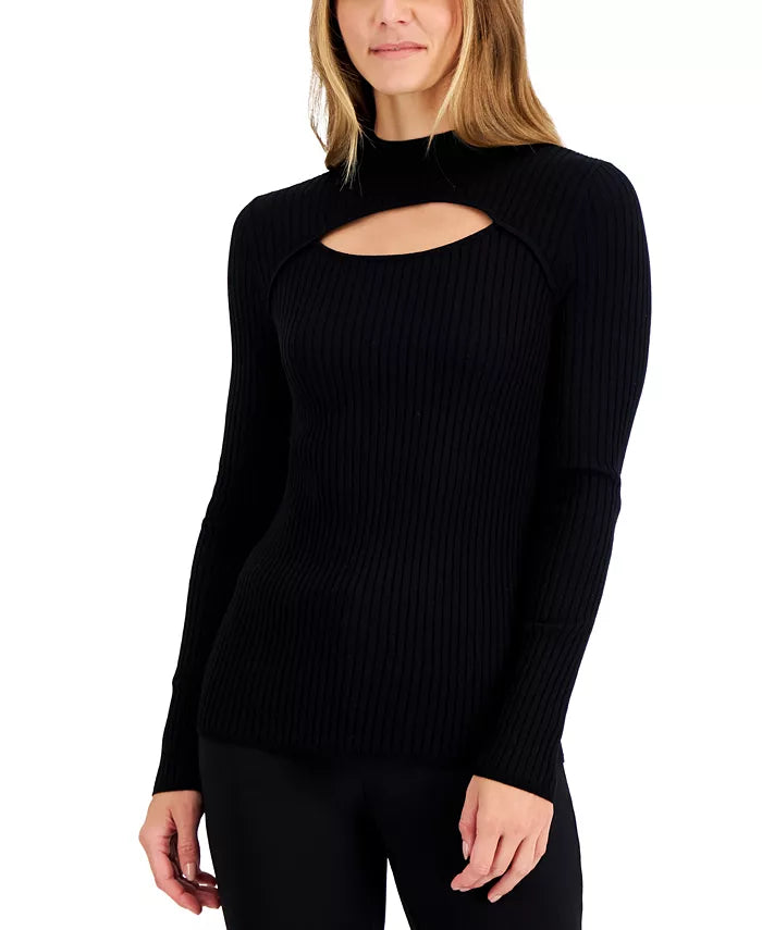  Anne Klein Rib Mock Neck Cutout Sweater - Anne Black - Bonton