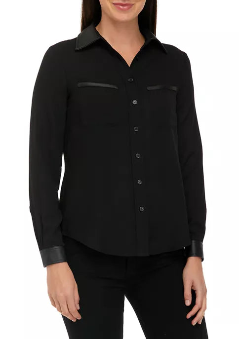  Anne Klein Plus Size Women's Faux-Leather-Trim Button-Down Shirt - Anne Black - Bonton