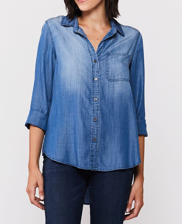   Velvet Heart 3/4 Cuffed Sleeve Button Down Shirt Single Chest Pocket Hi Low Hem - Calva - Bonton