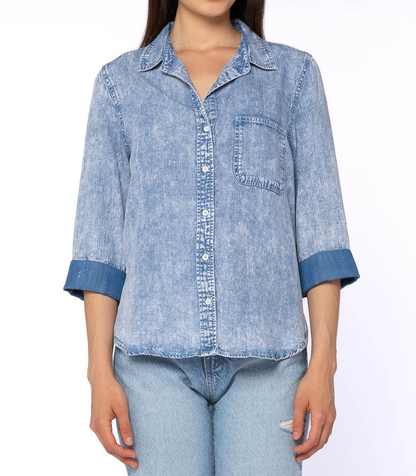  Velvet Heart 3/4 Cuffed Sleeve Button Down Shirt Chest Pocket High Low - 156 Blue - Bonton