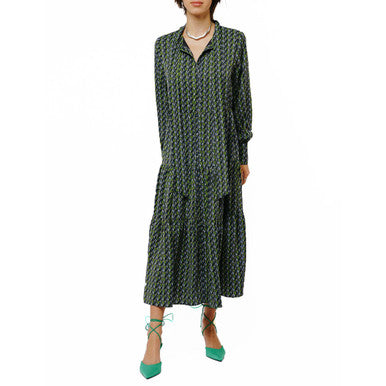  Ciebon Zamara Tie Neck Long Sleeve Tier Maxi Dress - Black Multi - Bonton