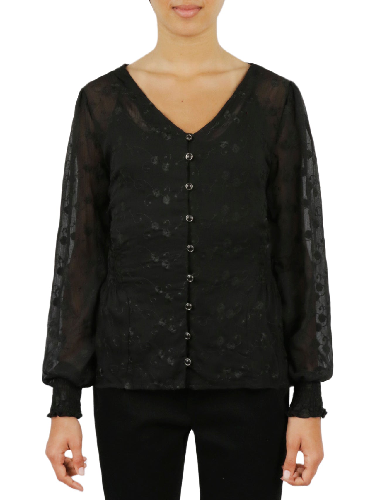 Miss Selen Floral Button Front Top - Black - Bonton