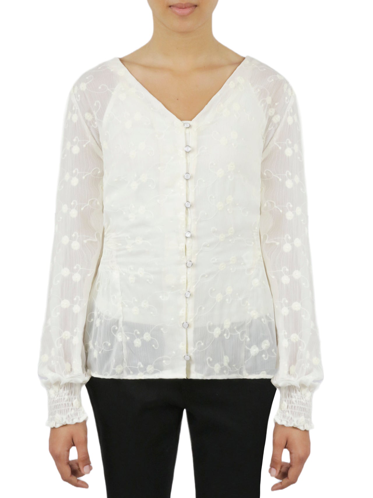  Miss Selen Floral Button Front Top - Ecru - Bonton