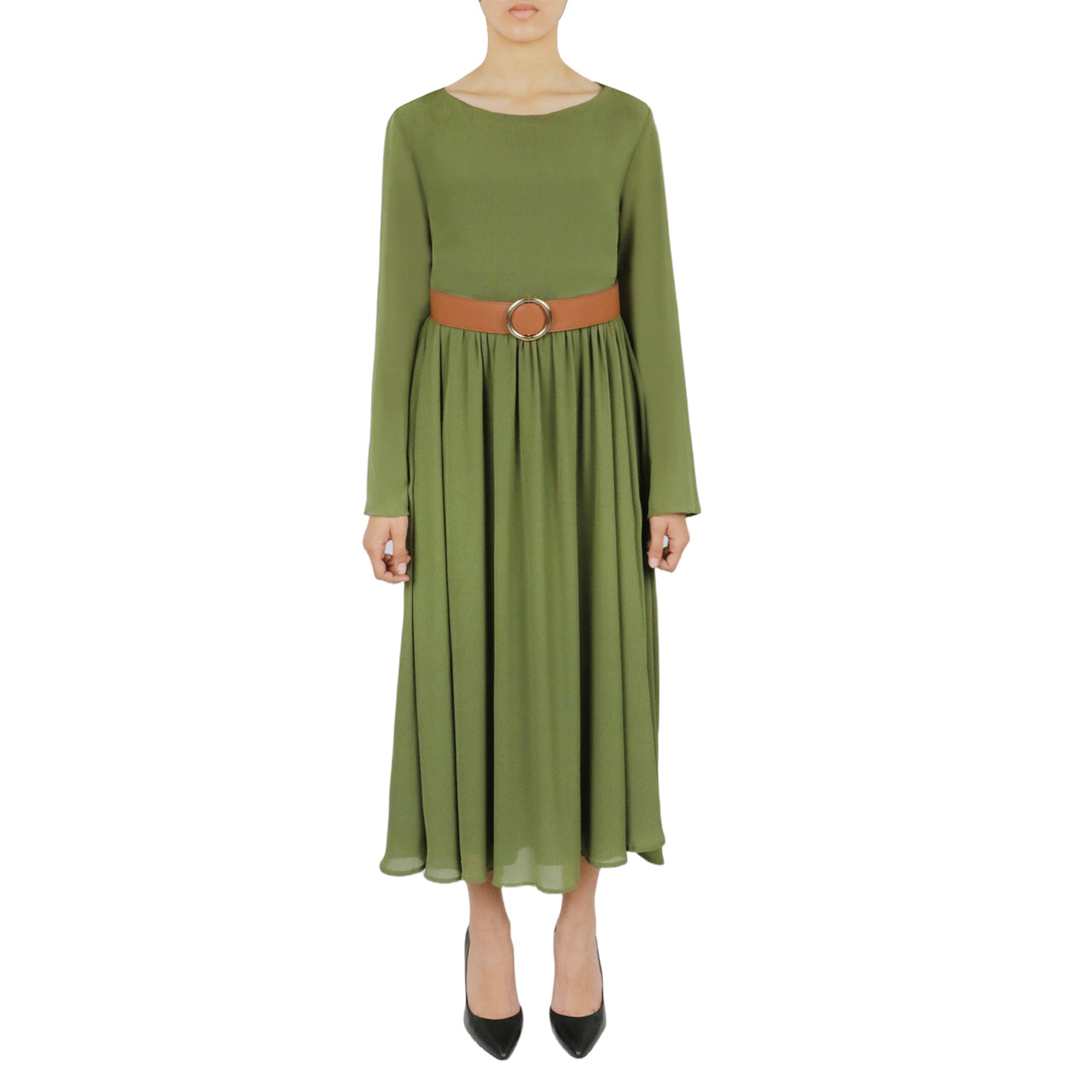  Cream & Rouge Belted Long Sleeve Dress - Olive - Bonton