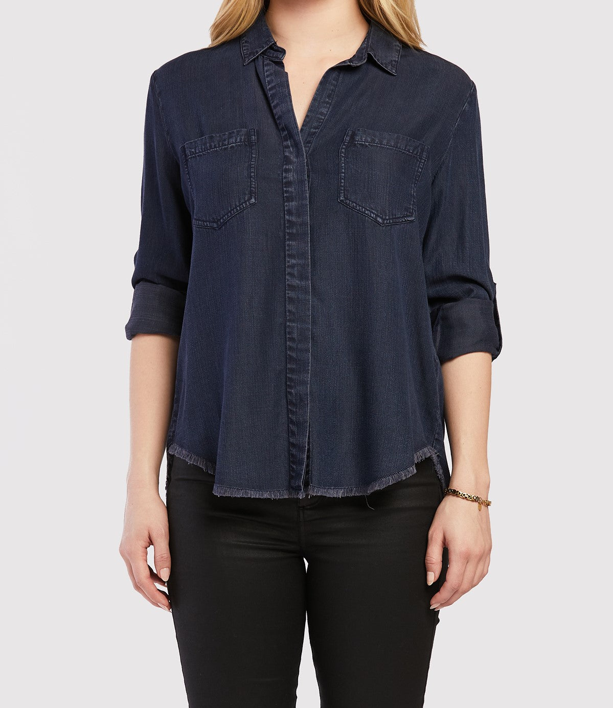   Velvet Heart Riley Rolled Tab Sleeve Button Down Shirt Double Chest Pockets - Overdye Indigo - Bonton