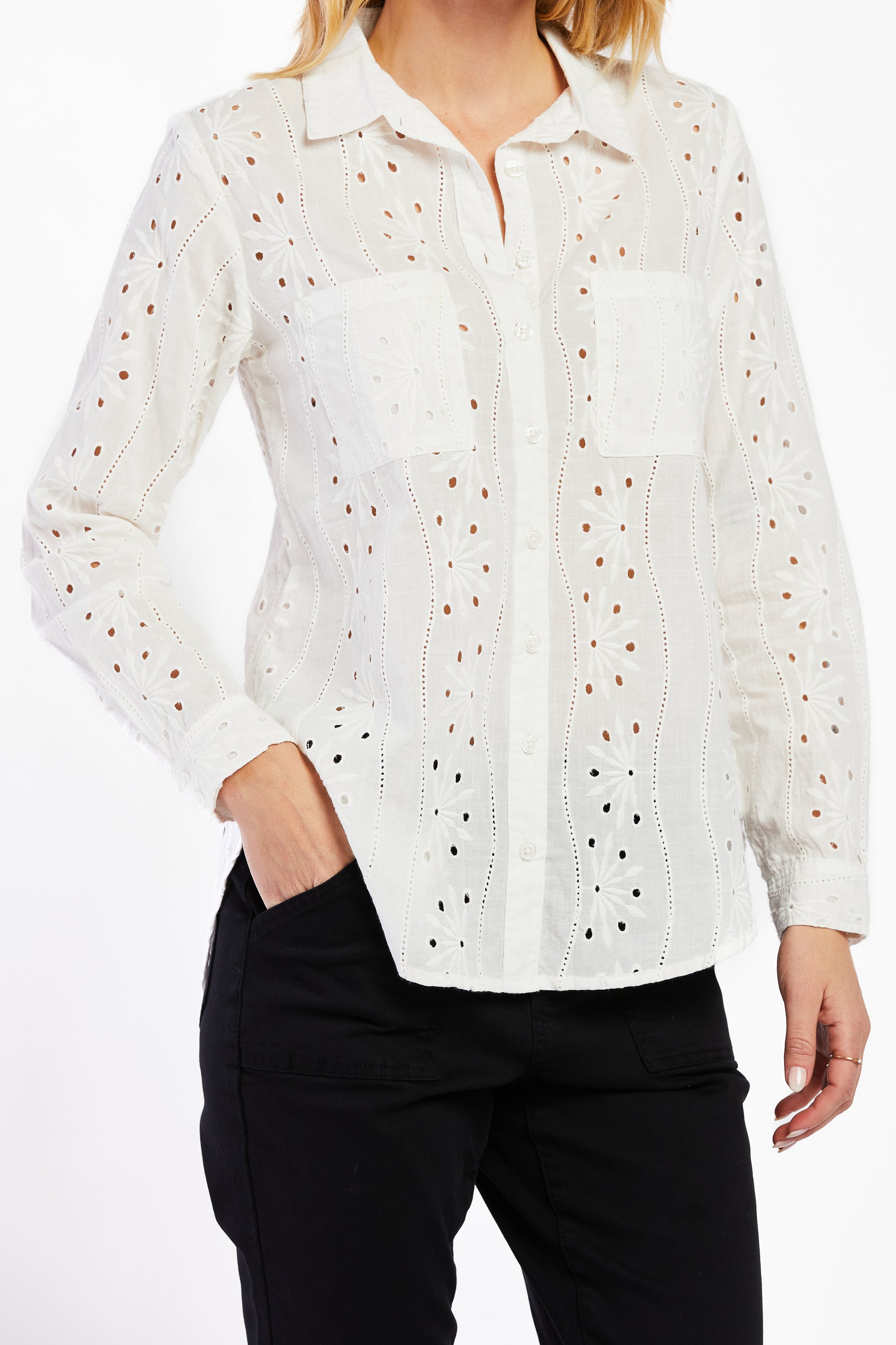   Velvet Heart Anise Long Sleeve Eyelet Button Down Shirt - White - Bonton