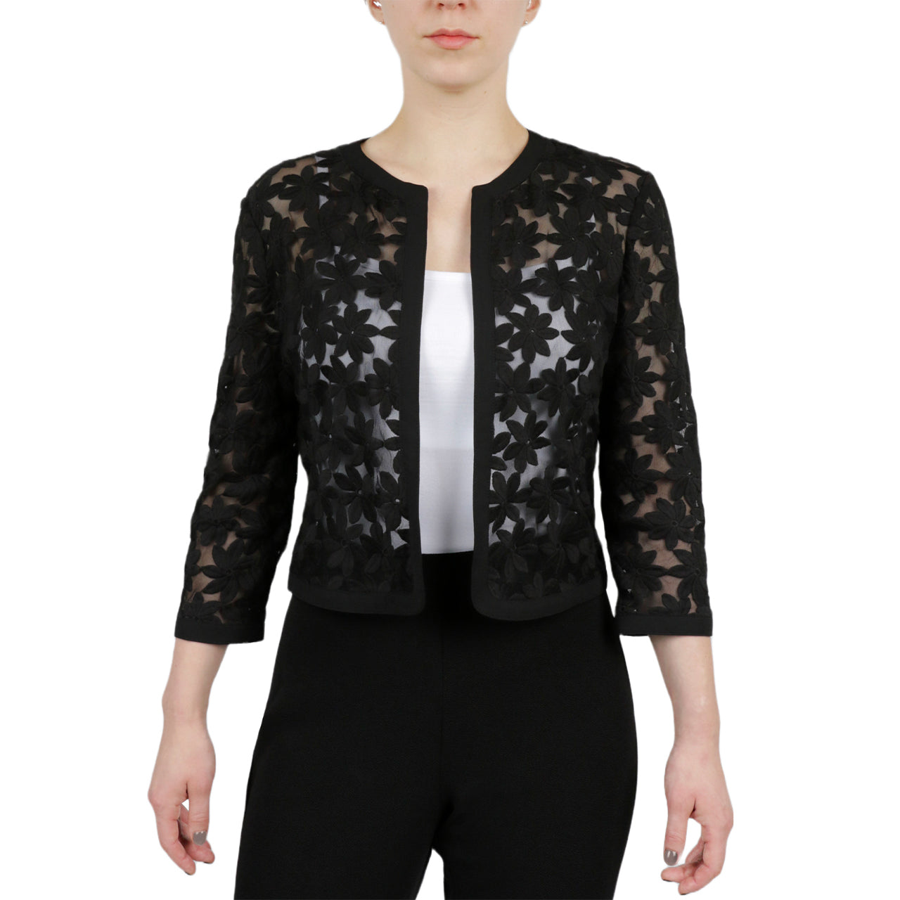  Anne Klein Broderie Anglaise On Mesh Cardigan - Black - Bonton