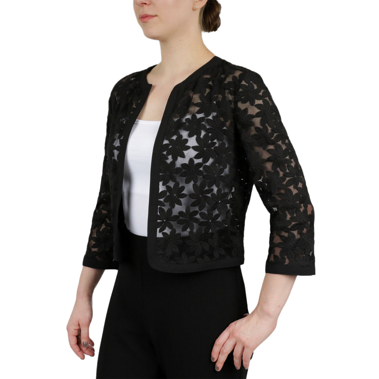  Anne Klein Broderie Anglaise On Mesh Cardigan - Black - Bonton