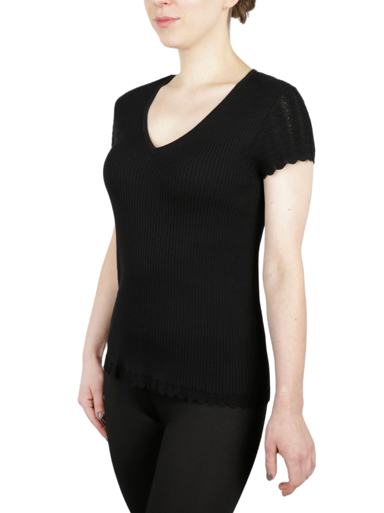  Anne Klein Pointelle Cap Sleeve V-neck - Anne Black - Bonton