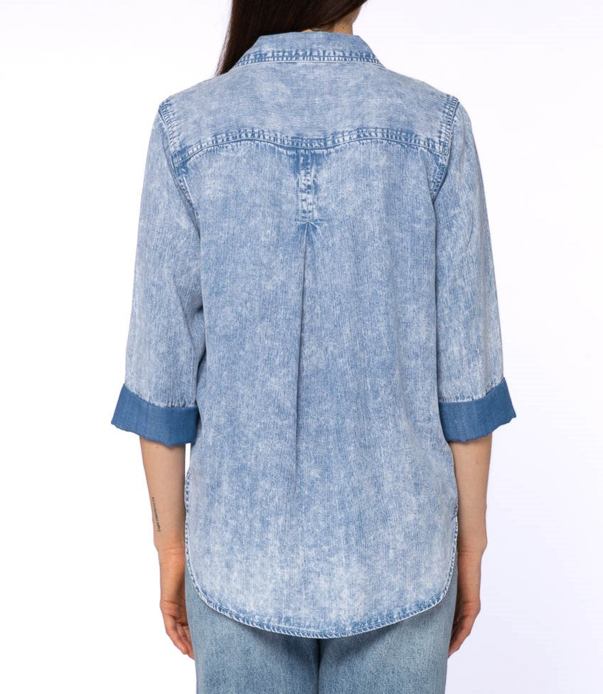   Velvet Heart 3/4 Cuffed Sleeve Button Down Shirt Chest Pocket High Low - 156 Blue - Bonton
