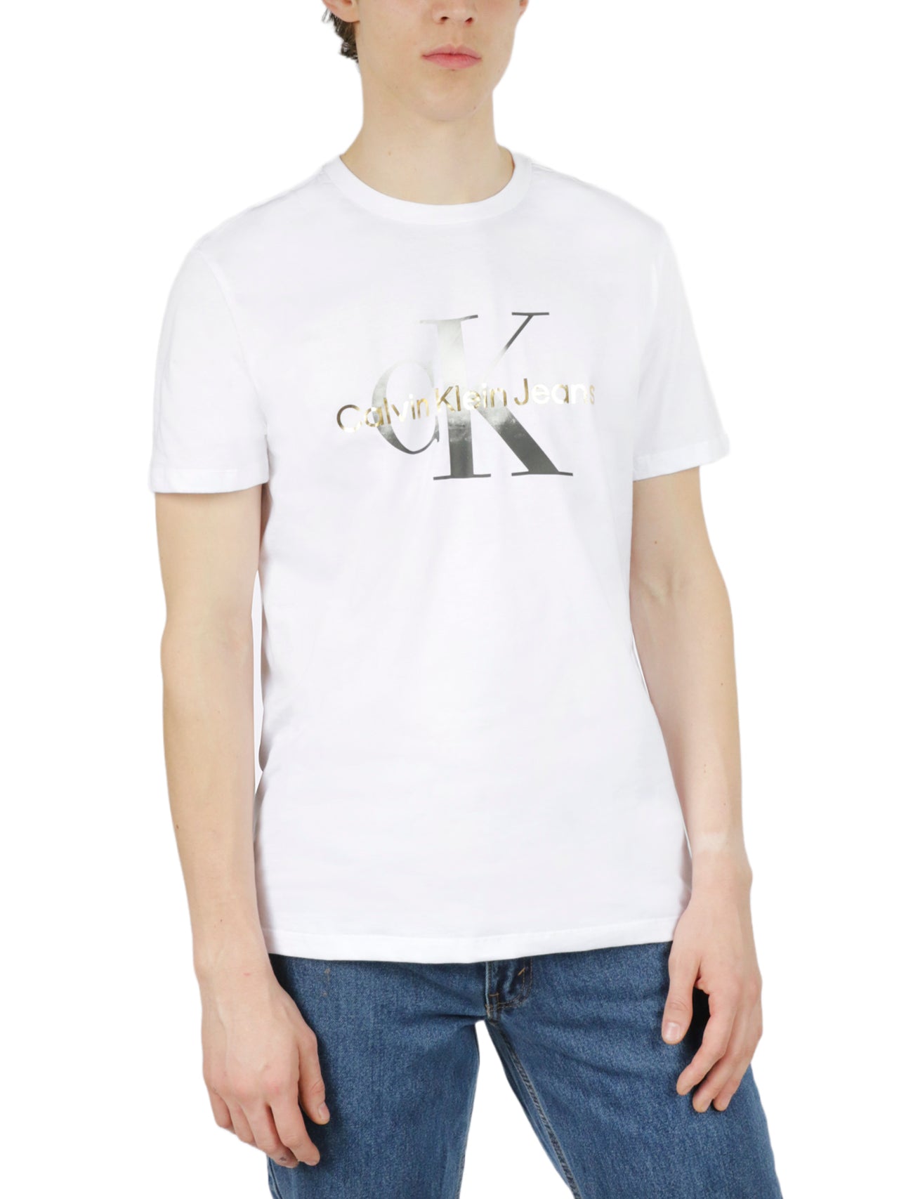  Calvin Klein Short Sleeves Gold/Silver Metallic Monogram Tee - Black - Bonton